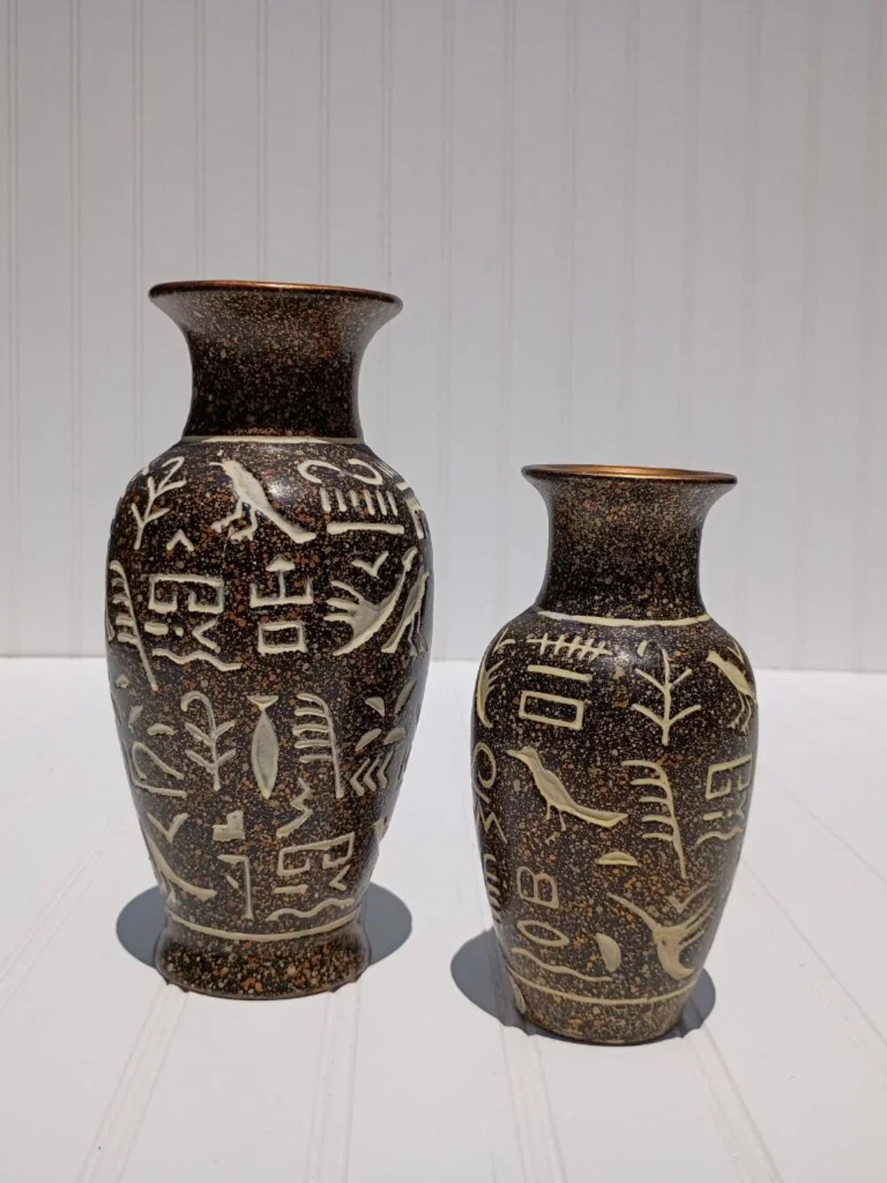 Vintage Pair Chinese Ceramic Hieroglyphic Vases Brown Speckled Boho Decor MCM
